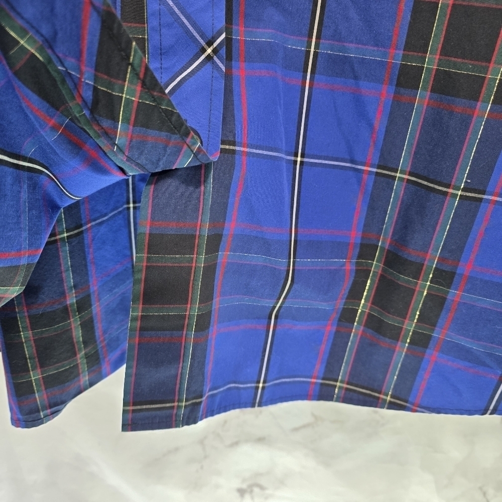 Foxcroft Shirt Women 18W Blue Black Gold Scotch Button Wrinkle Free Shaped Cuff - Picture 8 of 13
